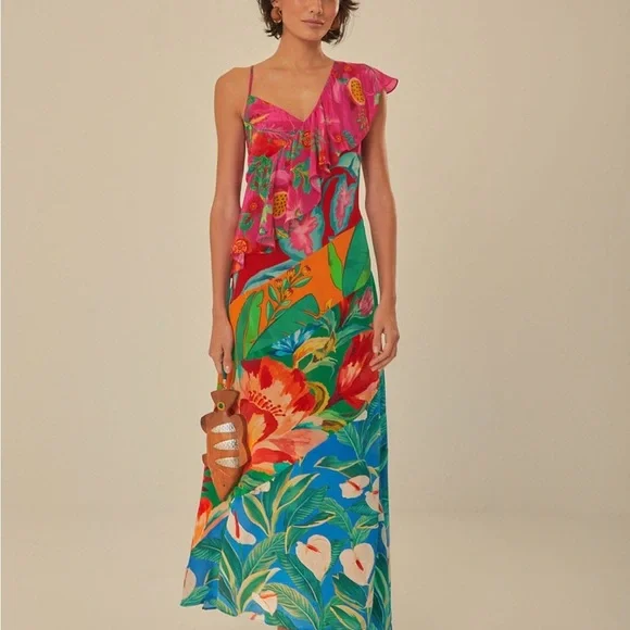 Farm Rio Mixed Flowery Ruffle One Shoulder Midi Dress Tropical Floral Pink - Picture 4 of 8